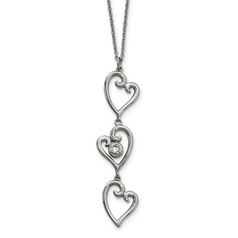 Stainless Steel Polished CZ Dangle Hearts with 2in ext. Necklace