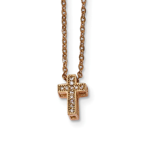 Stainless Steel Rose IP-plated with CZ Cross w/ 2in ext. Necklace