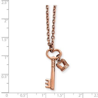 Stainless Steel Polished Rose IP Key & Crown w/2 in ext Necklace