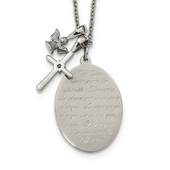 Stainless Steel Polished Serenity/French Prayer CZ Cross 2in ext. Necklace