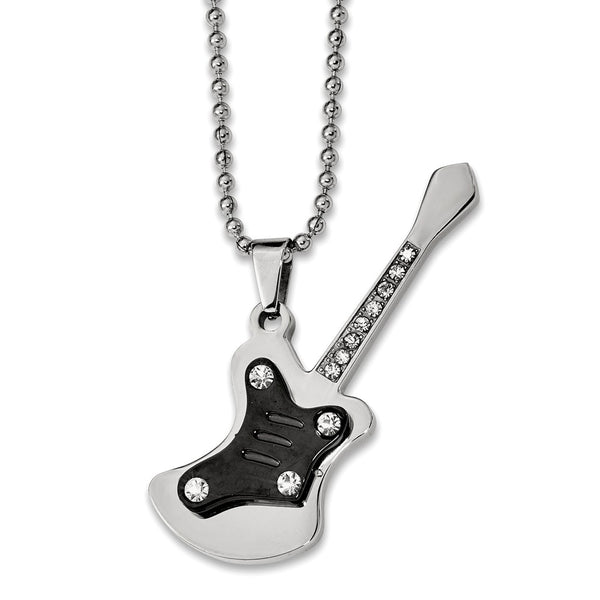 Stainless Steel Polished Black IP-plated w/ Crystal Guitar Necklace