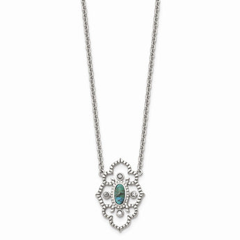 Stainless Steel Polished CZ and Imi. Turquoise with 2in ext Necklace