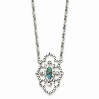 Stainless Steel Polished CZ and Imi. Turquoise with 2in ext Necklace