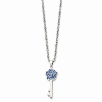 Stainless Steel Polished Blue Crystal Flower Top Key Pendant Necklace