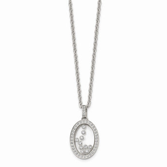 Stainless Steel with Moving CZ Floating in Glass Oval Necklace