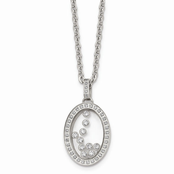 Stainless Steel with Moving CZ Floating in Glass Oval Necklace