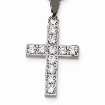 Stainless Steel Polished Round CZ Cross Necklace