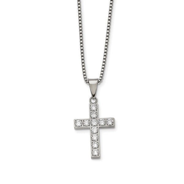 Stainless Steel Polished Round CZ Cross Necklace