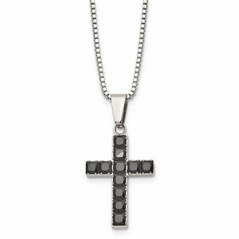 Stainless Steel Polished Black Square CZ Cross Necklace