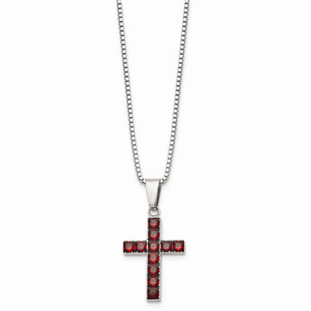 Stainless Steel Polished Red Square CZ Cross Necklace