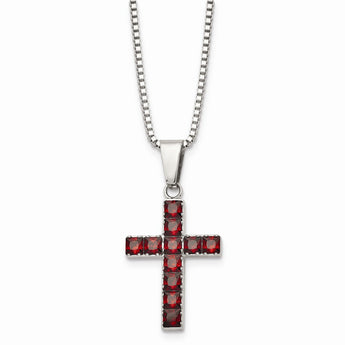 Stainless Steel Polished Red Square CZ Cross Necklace