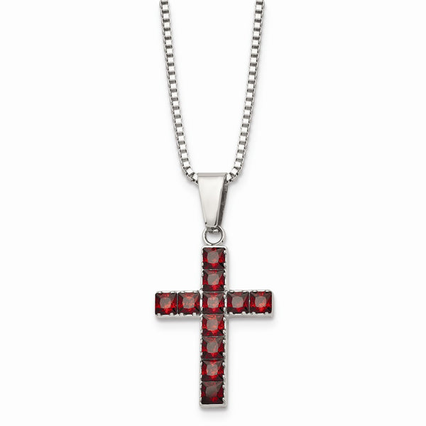 Stainless Steel Polished Red Square CZ Cross Necklace