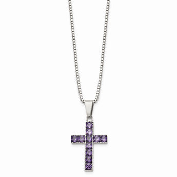 Stainless Steel Polished Purple Square CZ Cross Necklace