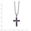 Stainless Steel Polished Purple Square CZ Cross Necklace