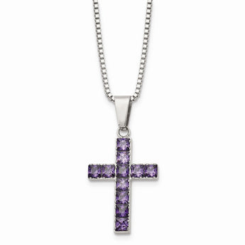 Stainless Steel Polished Purple Square CZ Cross Necklace