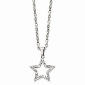 Stainless Steel Polished Round CZ Star Necklace