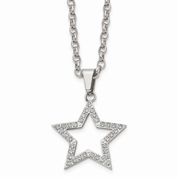 Stainless Steel Polished Round CZ Star Necklace