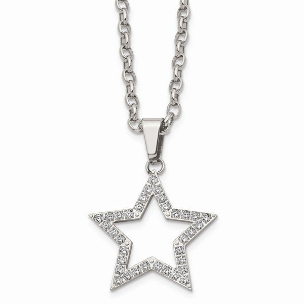 Stainless Steel Polished Round CZ Star Necklace