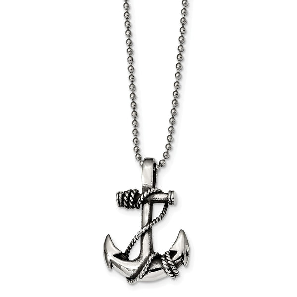 Stainless Steel Antiqued and Polished Anchor Necklace