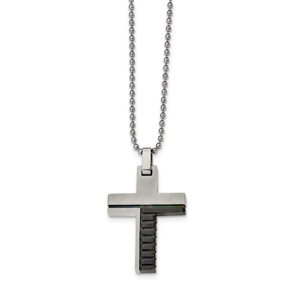 Stainless Steel Brushed and Polished Black IP-plated Cross Necklace