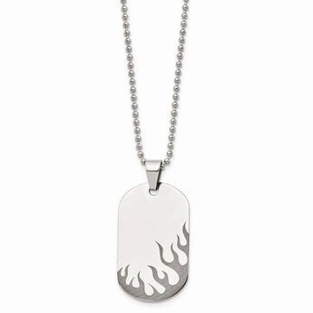 Stainless Steel Polished Black IP-plated Flames Dog Tag Necklace