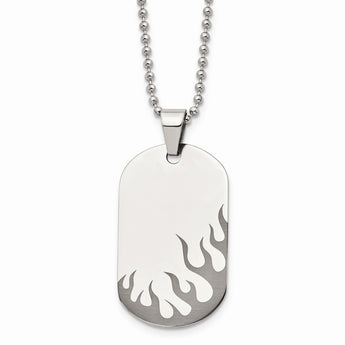 Stainless Steel Polished Black IP-plated Flames Dog Tag Necklace