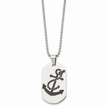 Stainless Steel Polished Black Enamel Anchor Dog Tag Necklace