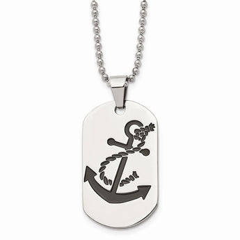 Stainless Steel Polished Black Enamel Anchor Dog Tag Necklace