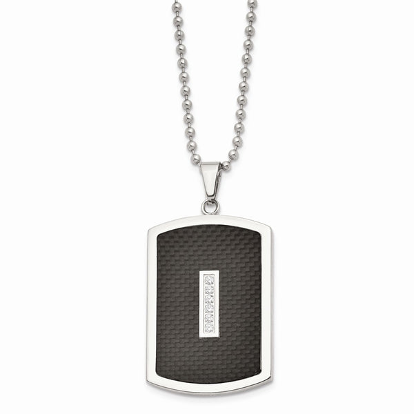 Stainless Steel Polished w/ CZ and Black Carbon Fiber Inlay Necklace