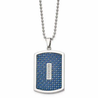 Stainless Steel Polished w/ CZ and Blue Carbon Fiber Inlay Necklace