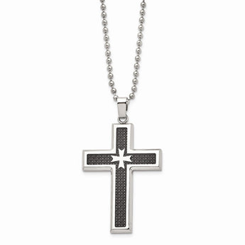 Stainless Steel Polished w/ Black Carbon Fiber Inlay Cross Necklace