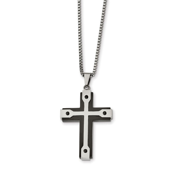 Stainless Steel Brushed and Polished Black IP-plated Cross Necklace