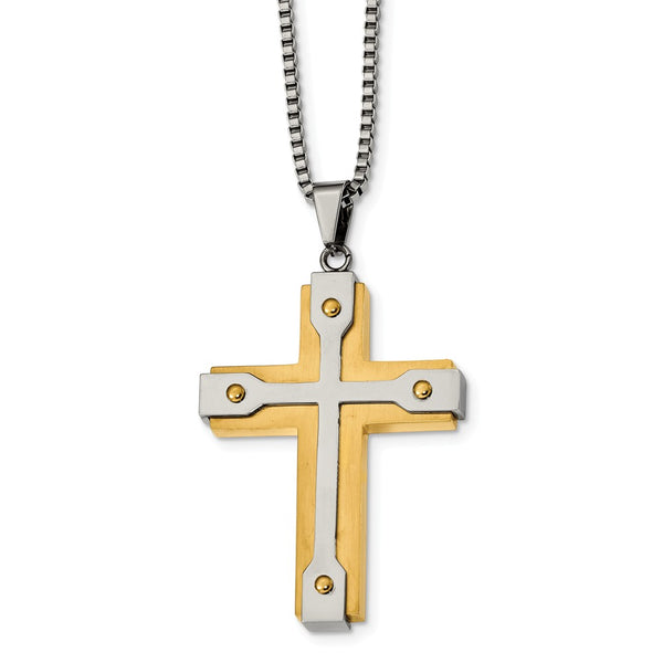 Stainless Steel Brushed and Polished Yellow IP-plated Cross Necklace
