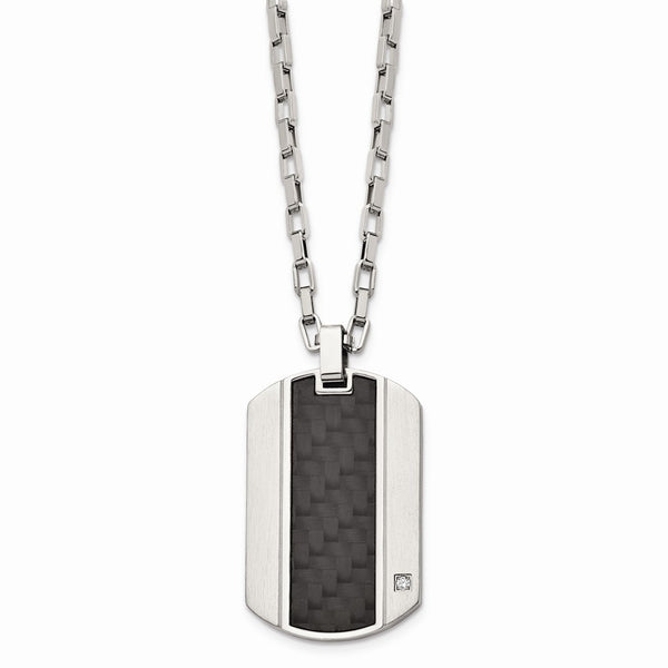 Stainless Steel Brushed and Polished w/Blk Carbon Fiber Inlay & CZ Necklace