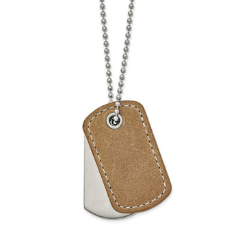 Stainless Steel Brushed and Polished w/Tan Leather 22in Dog Tag Necklace