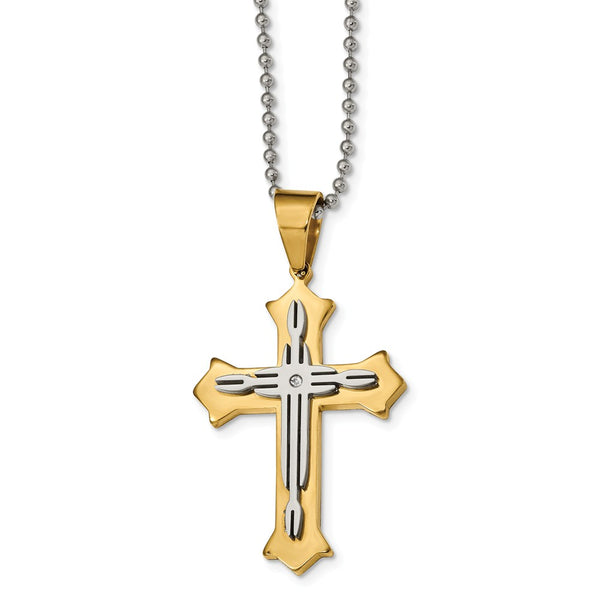 Stainless Steel Polished Yellow IP-plated w/CZ 24inch Cross Necklace