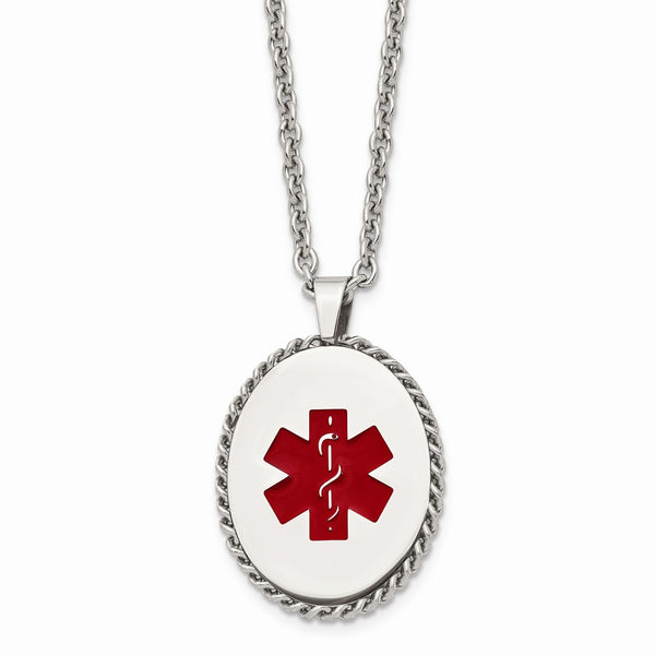 Stainless Steel Polished Enameled Oval Medical Charm Necklace