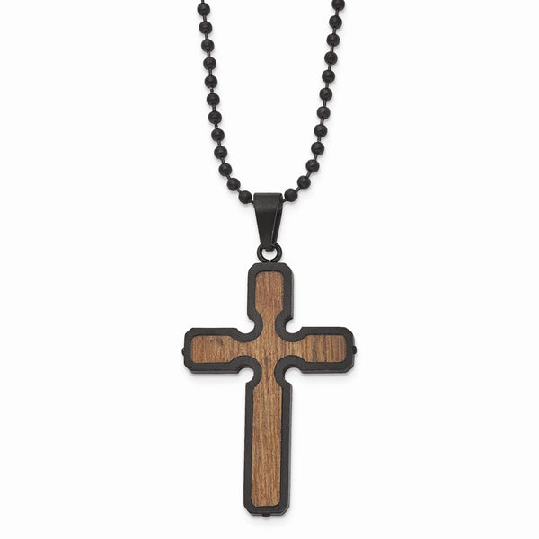 Stainless Steel Black IP-plated with Wood Inlay Cross Necklace