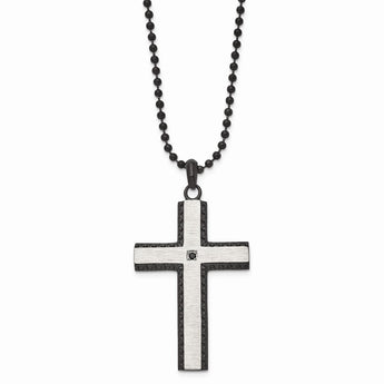 Stainless Steel Brushed Black IP-plated Black CZ Cross Necklace