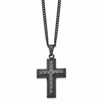 Stainless Steel Polished Black IP w/Blue Carbon Fiber Inlay Cross Necklace