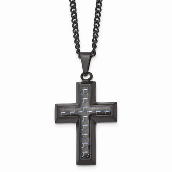 Stainless Steel Polished Black IP w/Blue Carbon Fiber Inlay Cross Necklace