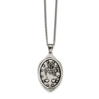 Stainless Steel Antiqued and Polished Miraculous Medal 22in Necklace