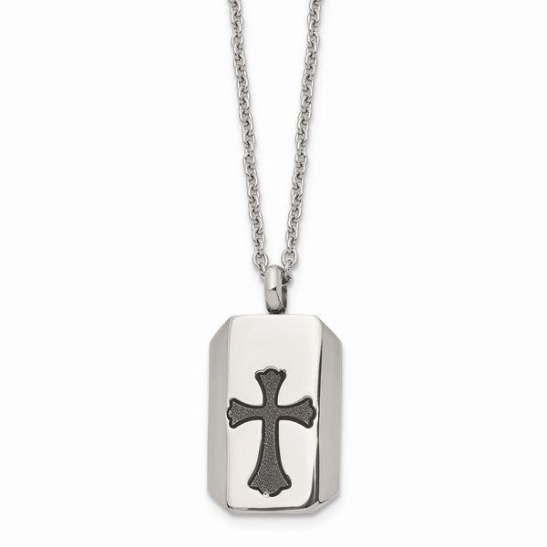 Stainless Steel Polished Black IP-plated Laser cut Cross 22 inch Necklace