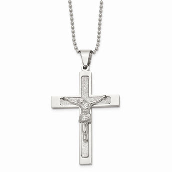 Stainless Steel Polished Laser cut 22 inch Crucifix Necklace