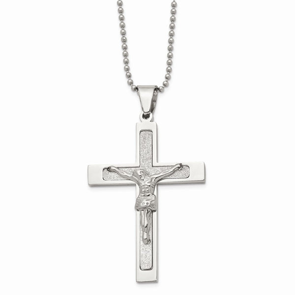 Stainless Steel Polished Laser cut 22 inch Crucifix Necklace