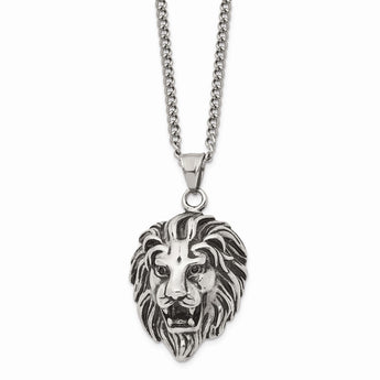 Stainless Steel Antiqued and Polished Lion Head 24 inch Necklace