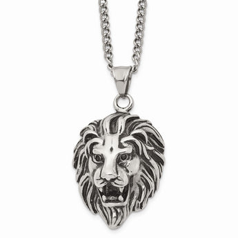 Stainless Steel Antiqued and Polished Lion Head 24 inch Necklace