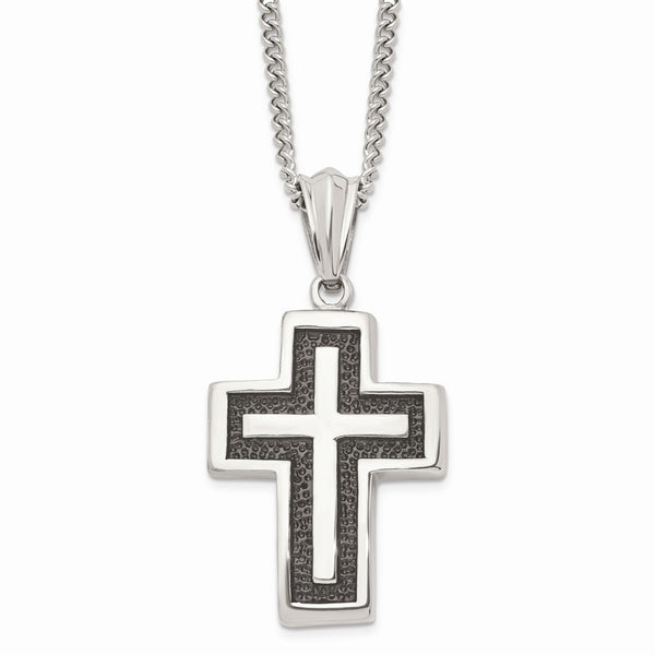 Stainless Steel Antiqued and Polished 24 inch Cross Necklace