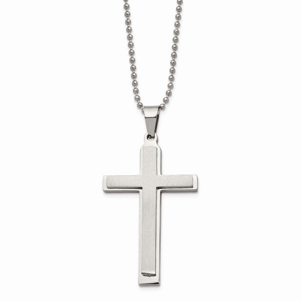 Stainless Steel Brushed and Polished Layered 22 inch Cross Necklace