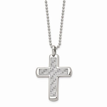 Stainless Steel Polished with Grey Carbon Fiber Inlay 22in Cross Necklace